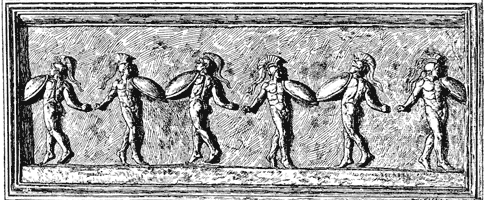 A military dance, supposed to be the Corybantum. From a Greek bas-relief in the Vatican Museum.